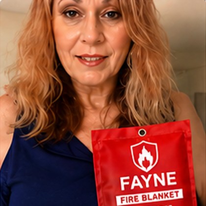 Fayne customer holding their fire blanket at home